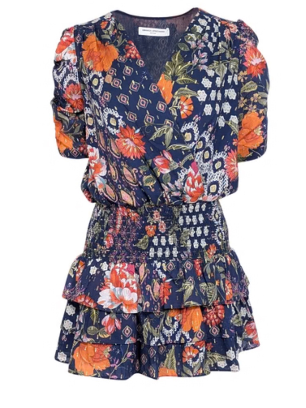 Amanda Uprichard Navy Floral Wrap Mini Dress with Orange Blooms